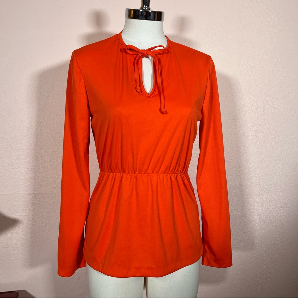 Vintage 1960 70 Mod Orange Long Sleeve fitted waist Tie neck Minimalist Blouse S
